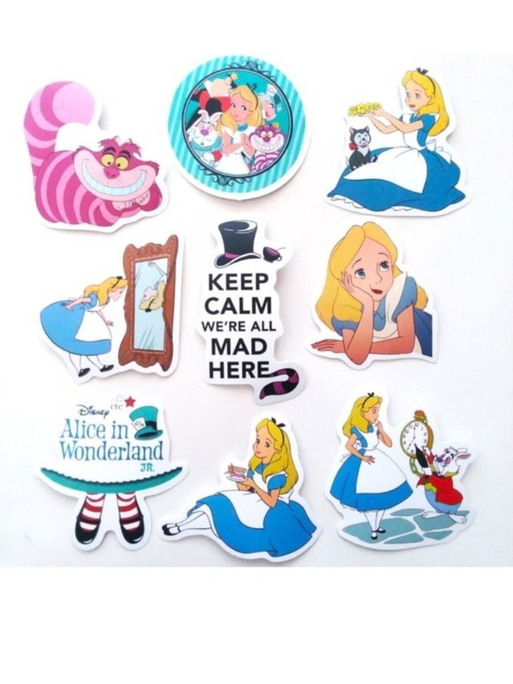 Alice in Wonderland Stickers 9 Lot Cheshire Cat Laptop Water Bottle Luggage Fun